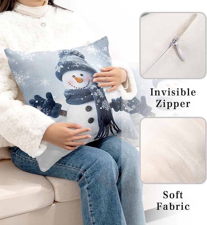 Winter Snowman Pillow Covers 18x18 Set of 2 Winter Decorating Throw Pillows Cover Snowflake Decorative Christmas Pillows Cases Double Sided for Living Room Couch Home Decor