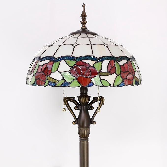 Tiffany Floor Lamp Rose Flower Style Stained Glass Standing Reading Light 16X16X66 Inches Antique Pole Corner Lamp Decor Bedroom Living Room