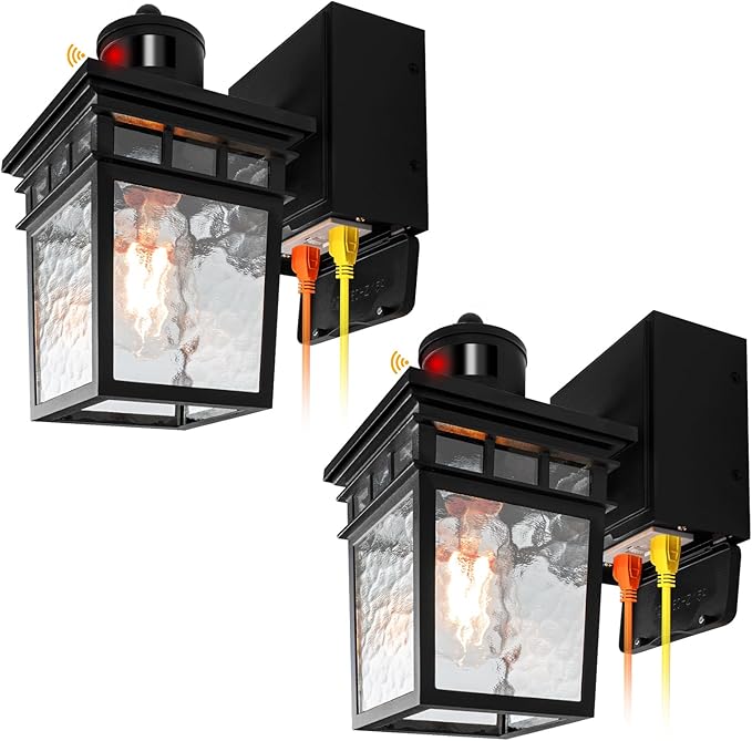 2 Pack Porch Light Outdoor with GFCI Outlet - 3 Lighting Modes Exterior Light Fixture, Dusk to Dawn Motion Sensor Wall Mount Outside Lights for House,Garage,Front Door, Patio