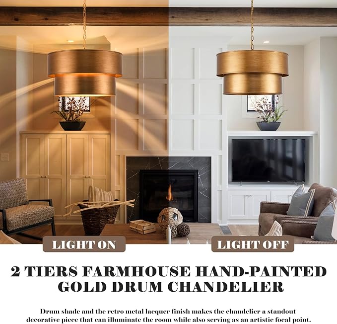 Gold Chandelier Light Fixture, 21" Drum Chandeliers with 2-Layer Antique Bronze Metal Shade, 6-Lights Large Pendant Light Fixture, Chandeliers for Dining Room Bedroom Living Room Kitchen Island Foyer