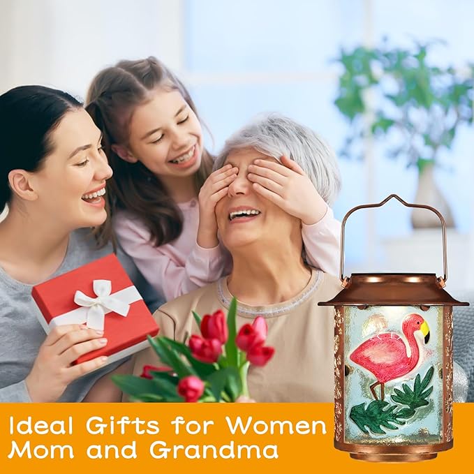 Flamingo Solar Lanterns Outdoor Waterproof,Birthday Gifts for Women Mom Grandma Garden Decor,Hanging Solar Lights Wall Mount Decorations for Yard,Front Porch,Patio,Lawn Pathway Landscape