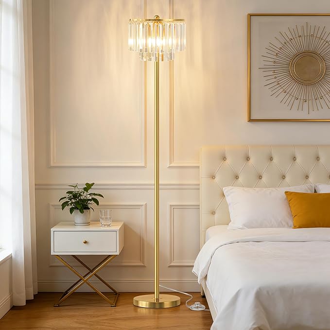 QiMH Floor Lamps for Living Room, Gold Floor Lamp with On/Off Foot Switch, Standing Lamp with Double Layer Crystal Bars Lampshade, 63" Tall Floor Lamps for Bedroom Corner Office(3 Bulbs Included)