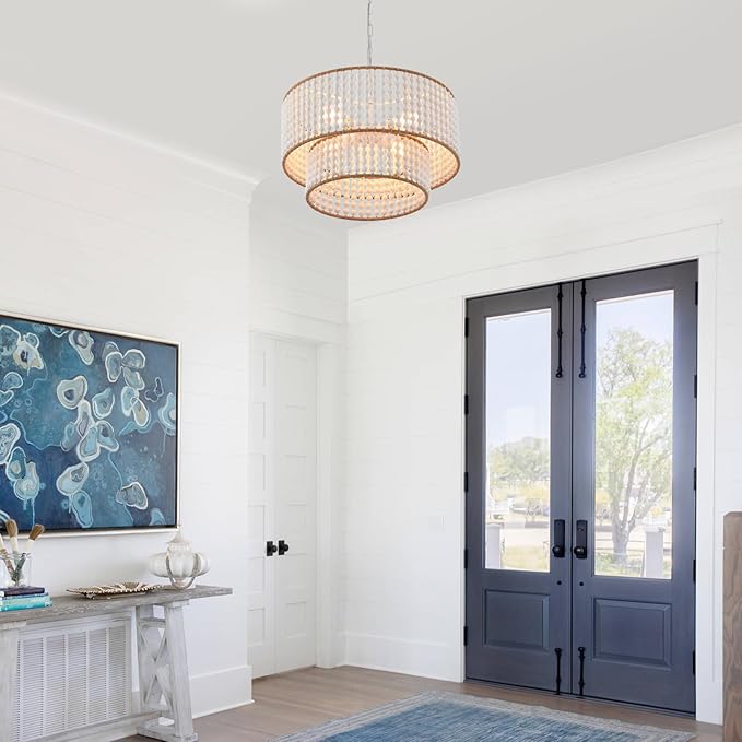 Dia 22 Inch Boho Wood Bead Chandelier Farmhouse, Bohemia Dining Room Light Fixture Over Table, White Bead Pendant Chandelier for Bedroom Kitchen Hallway Entryway Nursery Living Room Foyer