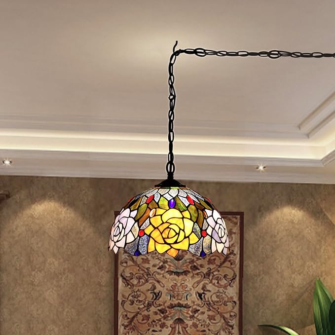 Tiffany Pendant Light Plug in 12 Inch Orange Red Rose Flower Stained Glass Hanging Lamp with Chain 33 Inch, Cord 15 Feet