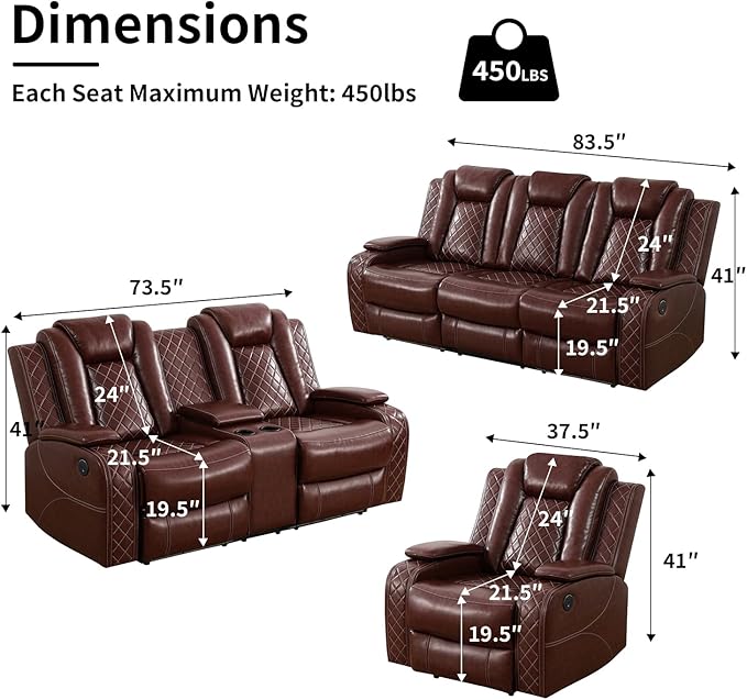 Power Leather Recliner Sofa Set with LED Light,Leather Couch Set for Reclining Sofa with Drop-Down Table/Loveseat with Storage Console/Single Chair 3 PCS Living Room Furniture(Red,3+2+1)