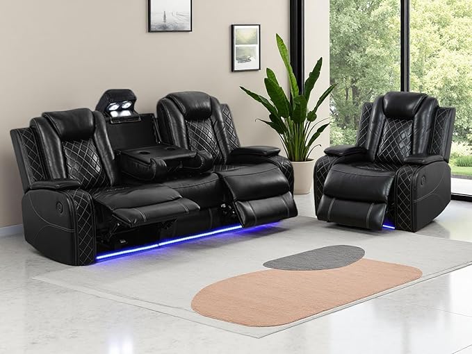 Power Reclining Sofa Set, Living Room Furniture Sets, Breathing Leather Black Sofa Power Recliner Sofa Couch and Chair with 3 Recliner Seats/Storage Console/LED Light for Living Room
