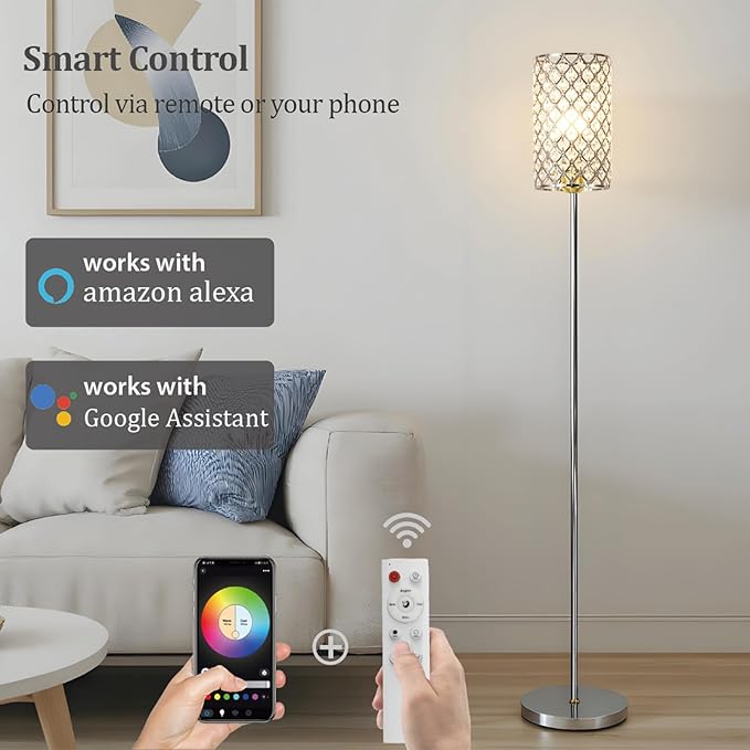 Crystal Floor Lamp with Remote Control, Smart Modern Silver Floor Lamps for Bedroom, Living Room, Crystal Standing Lamp Silver Home Décor, LED Bulb Included