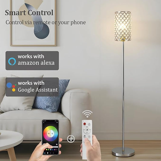 Crystal Floor Lamp with Remote Control, Smart Modern Silver Floor Lamps for Bedroom, Living Room, Crystal Standing Lamp Silver Home Décor, LED Bulb Included