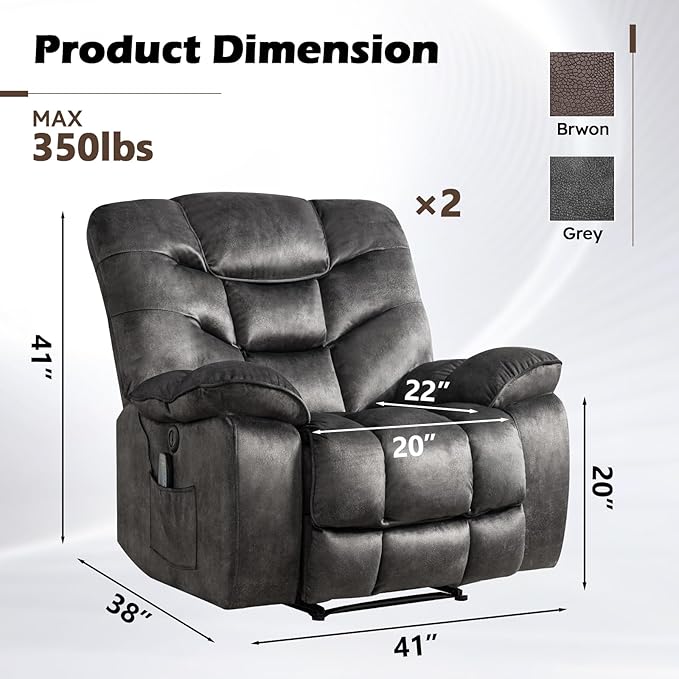 HAOMARKETS Power Recliner Chair Set of 2 with Massage and Heat, 41" Wide Electric Reclining Chairs with USB Port, Breathable Fabric Overstuffed Reclining Sofa for Living Room, Grey