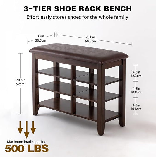 PY HOME & SPORTS Shoe Rack for Entryway 23.6": 3-Tier Shoe Storage Bench, Adjustable/Removable Shelves, Rubberwood Shoe Benches for Hallway, Porch, Bathroom, Brown