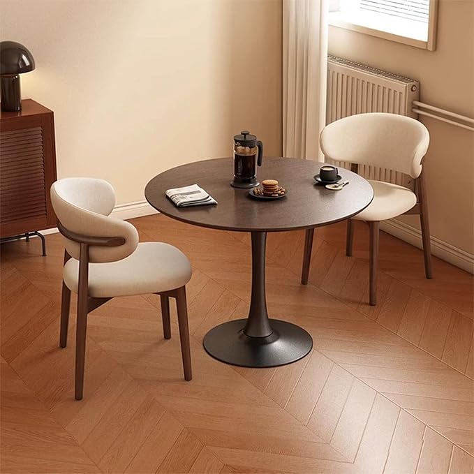 31.2" Round Tulip Dining Table for 2-4 People with Walnut Top and Black Metal Pedestal Base, Mid-Century Modern Small Space Table for Kitchen, Living Room, Cafe