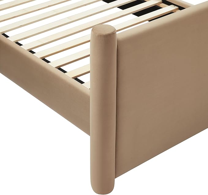Modway Rael Twin Platform Bed Frame with Upholstered Headboard and Footboard in Taupe – Stain-Resistant Performance Velvet Twin Size Bed with Rounded Posts