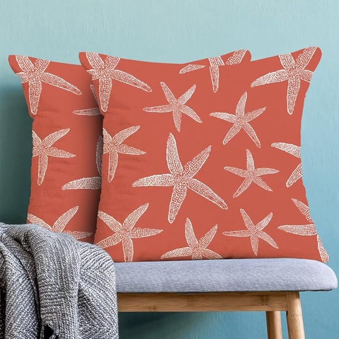 BETGINY Coral Starfish Ocean Throw Pillow Cover 18X18 Inch Pack of 2,Summer Coastal Nautical Ocean Decorative Pillow Covers Square Linen Beach Pillow Cases Cushion for Bedroom Home Sofa Decor