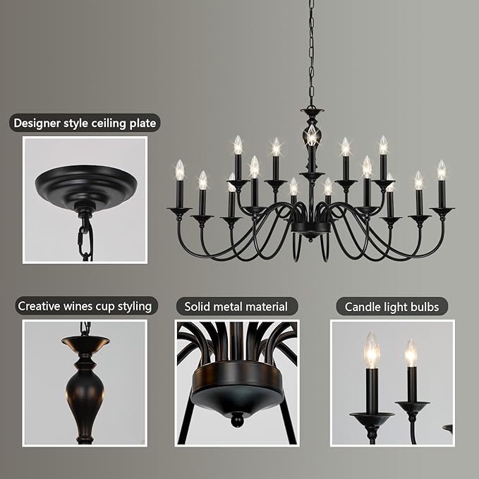 15 Light Black Farmhouse Chandelier | Large Chandeliers for Dining Room Light Fixtures Over Table | Vintage Candle Hanging Lighting for Living Room | Foyer | Staircase | Restaurant | Villa