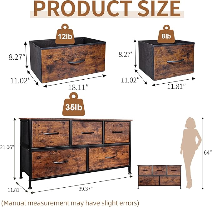 SHAWKEN Dresser for Bedroom with 5 Drawers,Fabric Dresser with One-Piece Steel Frame,Budget-Friendly Organizer for Closet, Hallway, Studio Apartment (Rustic Brown)
