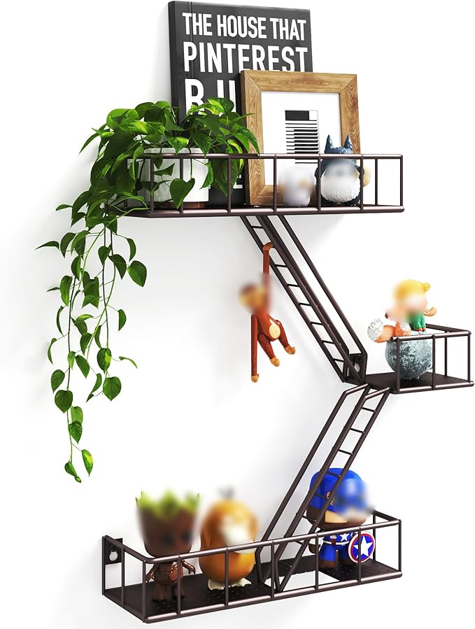 Fire Escape Wall Shelf with Baskets, 3-Tier Metal Fire Escape Ladder Shelf Wall Organizer, New York Inspired Decorative Shelf, Brown Floating Action Figurine Display Shelves for Bedroom, Home Décor