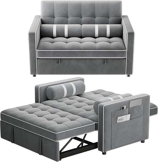 Marsail 3-in-1 Convertible Futon Sleeper Sofa Bed, Pull Out Couch with Adjustable Backrest, USB Charging & Side Pockets, Velvet Fabric Sofa for Living Room, Apartment, Loveseat, Grey