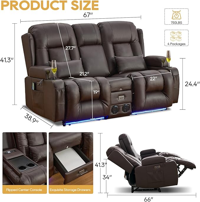 IPKIG Power Recliner Sofa with Flip-Up Backrest Console, USB & USB-C Ports, AC Outlet, LED Lights, Wall Hugger Recliners for Living Room, RV (Brown, 67" - 3 Seat) | Faux Leather, Zero Gravity, Dual Reclining, 2 Lumabr Pillow, Bluetooth Speakers