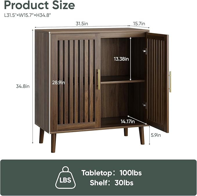 Sideboard Cabinet, 31.5" W Farmhouse Buffet Cabinet with Slatted Doors & Adjustable Shelf, Wood Coffee Bar Storage Station for Kitchen, Dining Room, Living Room, Entryway, Walnut Color