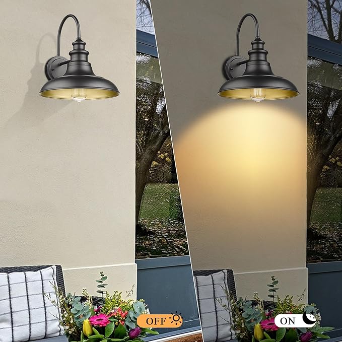 Outdoor Barn Light Fixture, 12.3 Inch Large Dome Farmhouse Wall Mount Light Wall Sconce Exterior Wall Lighting Fixture Industrial Black Finish Lantern with Gold Interior for Porch Garage Patio, 2 Pack