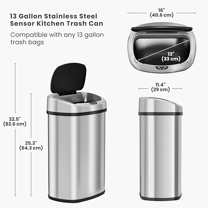 iTouchless 13 Gallon Oval Sensor Trash Can with Odor Filter, Fingerprint-Proof Stainless Steel, 50 Liter Automatic Kitchen Garbage Bin, Smart Hands-Free Motion Lid, Quiet Soft-Close, Brushed Silver