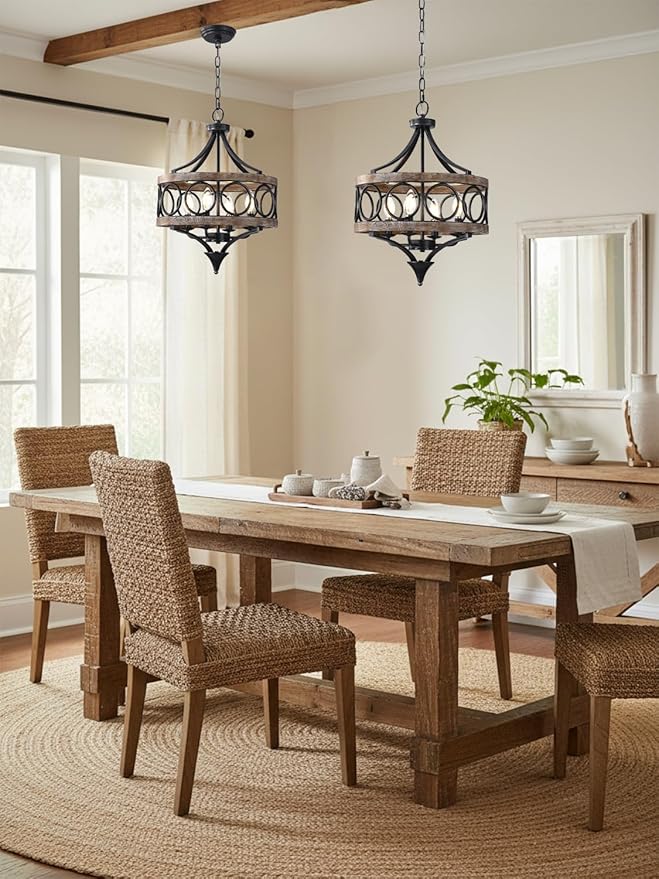 Farmhouse Chandelier for Dining Room, 15.7 Inch Hanging Round Light Fixture Over Table, 4-Light Wood Chandelier for Kitchen Island Dining Room Entryway