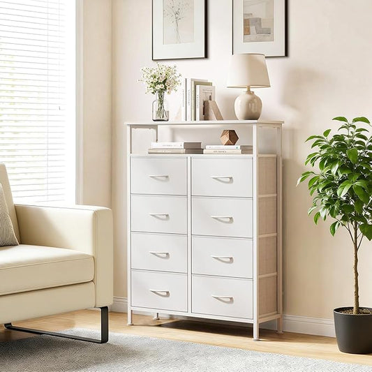 8 Drawers Dresser with Open Shelf, 46" Tall Storage Organizer Chest of Drawer with Wooden Top, Sturdy Metal Frame for Bedroom, Hallway, Living Room, White