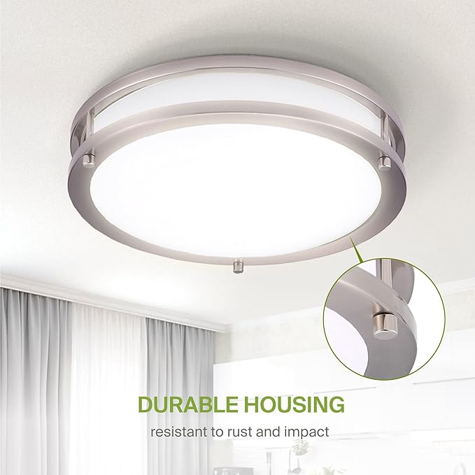 ASD LED 12" Round Flush Mount Lighting, Close to Ceiling Light Fixture | 3CCT, Dimmable, Energy Star, ETL Listed | 20W 1532LM 3000-5000K 120V | Low Profile Double Ring Lamp | Nickel