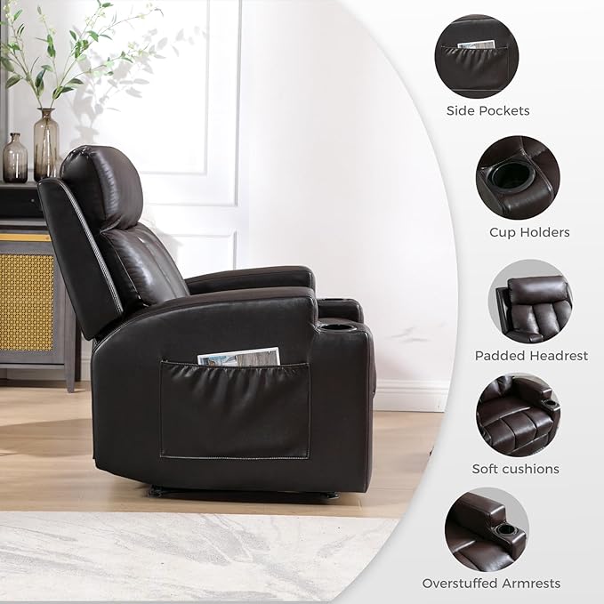 CANMOV Manual Massage Heat Recliner Chair Set of 2,Breathable Leather Recliner Chair with Armrest and Backrest, Manual Reclining Single Sofa with 2 Cup Holders, Side Pocket for Living Room,Dark Brown