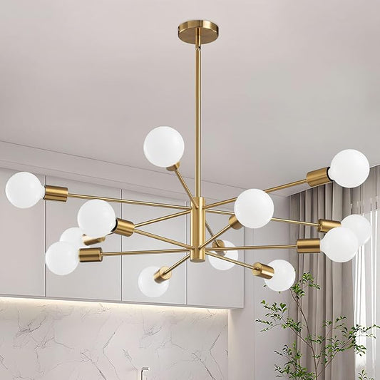 Modern Sputnik Chandeliers Light, 12-Light Gold Gold Dining Room Chandelier Over Table, Height Adjustable Industrial Semi Flush Mount Mid Century Chandelier for Kitchen Island Living Room