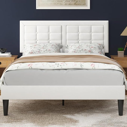 VECELO Queen Size Bed Frame with Adjustable Headboard, Upholstered Button Tufted Platform Bedframe with Wood Slats Support, No Box Spring Needed, Linen & White