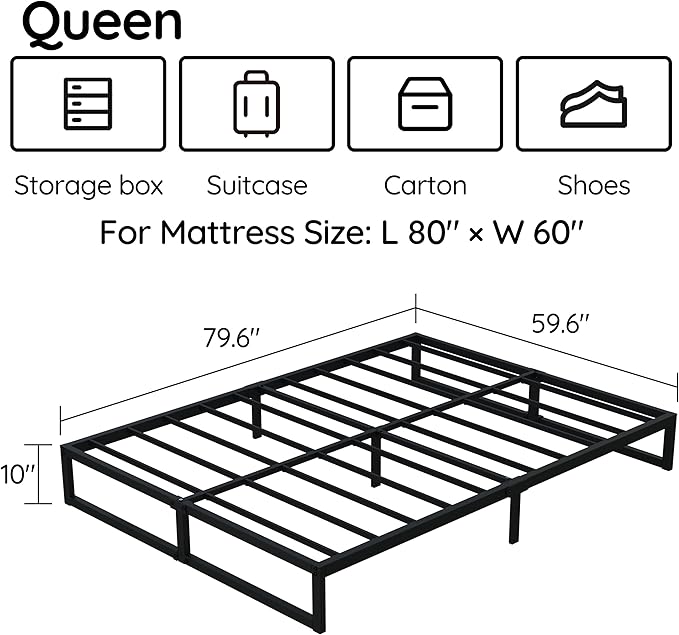 10 Inch Queen Bed Frame Metal Platform Mattress Foundation with Steel Slat Support, No Box Spring Needed, Easy Assembly, Black