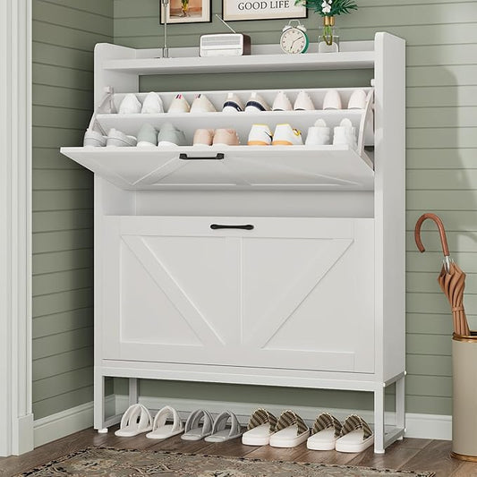 Shoe Cabinet, Shoe Storage Cabinet with 2 Flip Drawers & Adjustable Shelf, Space-Saving Shoe Organizer – Holds 16+ Pairs, Narrow Shoe Cabinet Storage for Entryway/Hallway（White）