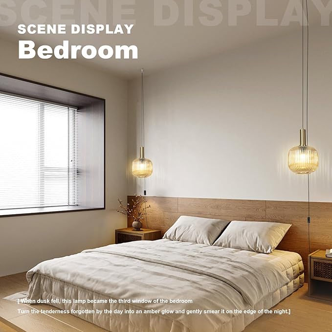Plug in Light for Ceiling, Amber Glass Pendant Lights Gold Kitchen Island Hanging Lights Modern Mid Century Pendant Lights Globe Plug in Swag Lamps for Dining Room Living Room, 2 Pack