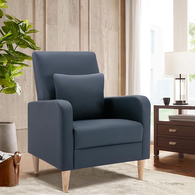 COLAMY Modern Upholstered Accent Chair Armchair with Pillow, PU Leather Reading Living Room Side Chair,Single Sofa with Wood Legs, L-Blue