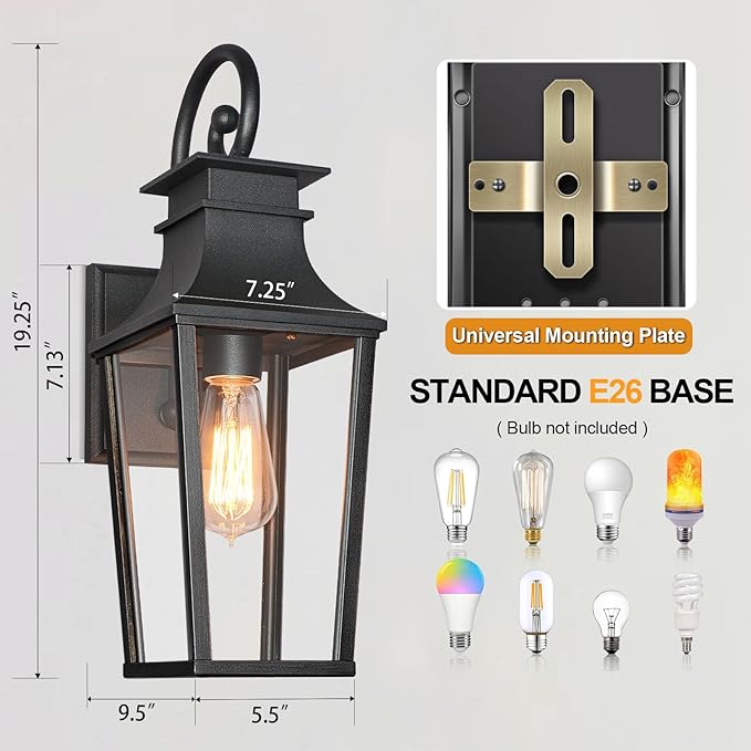 ALVIME 19 Inch Large Outdoor Wall Sconce, Matte Black Exterior Light Fixture, Waterproof Outside Lantern for House Front Door Entryway Porch Garage, E26 Base High Strength Clear Glass