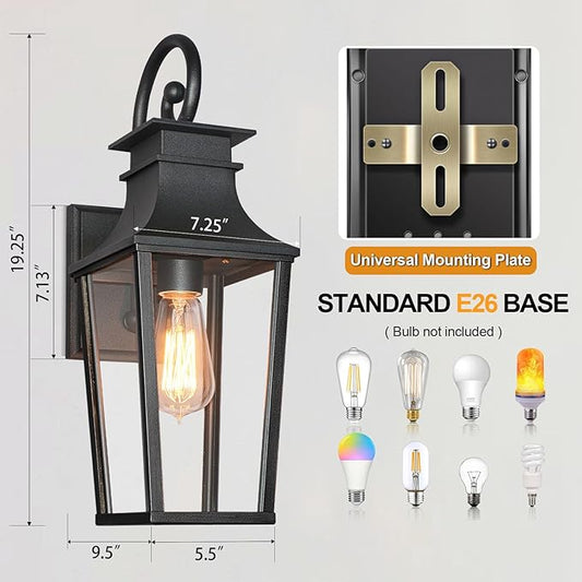 ALVIME 19 Inch Large Outdoor Wall Sconce, Matte Black Exterior Light Fixture, Waterproof Outside Lantern for House Front Door Entryway Porch Garage, E26 Base High Strength Clear Glass