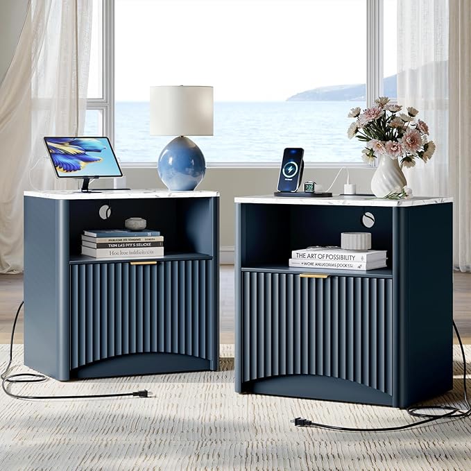 Evermagin Fluted Nightstand Set of 2 with Charging Station, Navy Blue Bedside Table with Drawer and Storage, Wood End Table Mid Century Modern, Large Night Stand for Bedroom