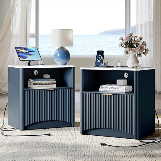 Evermagin Fluted Nightstand Set of 2 with Charging Station, Navy Blue Bedside Table with Drawer and Storage, Wood End Table Mid Century Modern, Large Night Stand for Bedroom