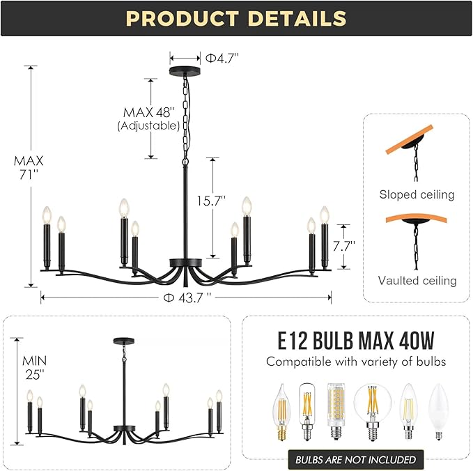 Black Chandelier, Modern Dining Room Light Fixture 8 Light Candle Chandelier Over Table 44in Metal Chandeliers Lighting for Living Room Entry Master Bedroom Bathtub Kitchen