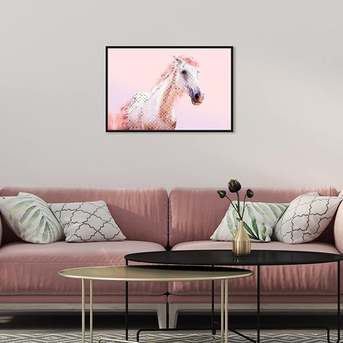 Country Farmhouse Canvas Print Painting Animal Wall Art 'Pink Glam Horse' Black Framed Canvas Rustic Home Décor 24x16 in Pink, White by Oliver Gal