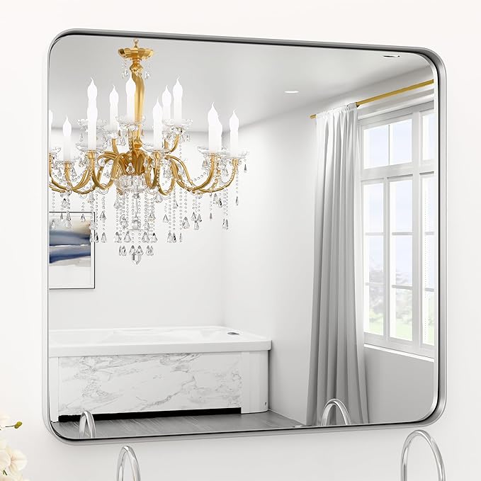 36" x 36" Large Brushed Nickel Bathroom Mirror for Wall, Large Mirrors for Spacious Rooms,Brushed Silver Metal Framed Mirror, Rounded Rectangle Silver Bathroom Mirrors, Tempered Glass