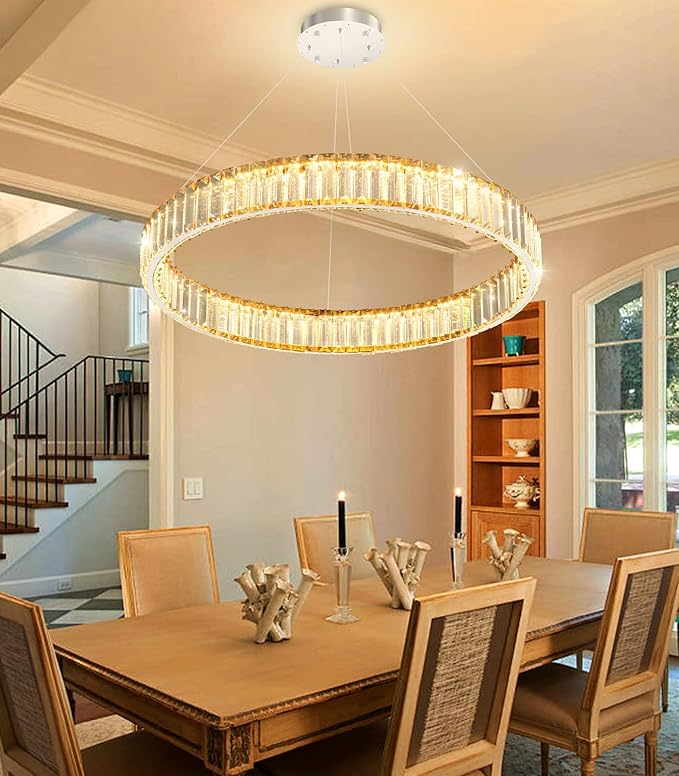 24'' Modern Ring Chandelier Crystal Chandeliers for Dining Room Round LED Dimmable Ceiling Light Fixture for Living Room Bedroom Lighting Silver