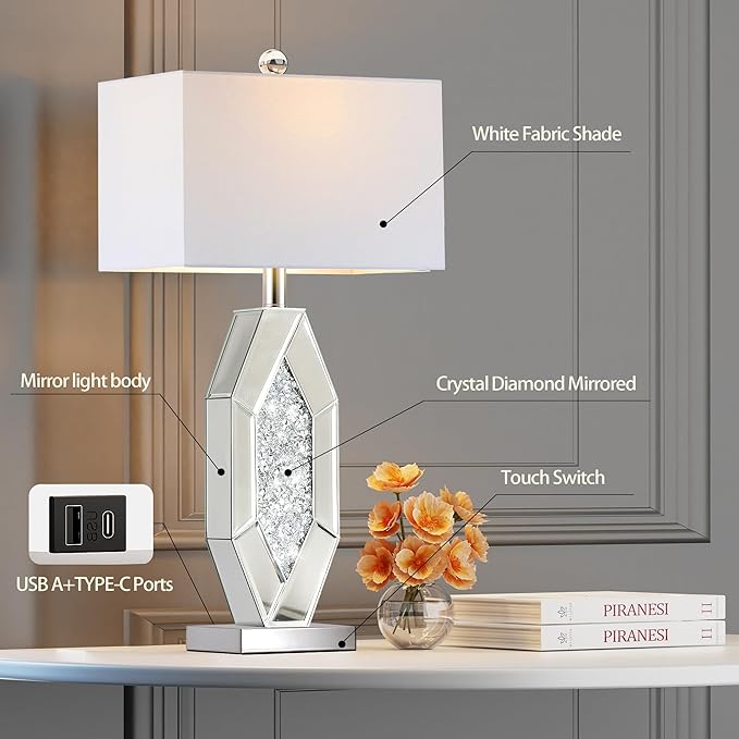 Hamucd 3-Way Dimmable Touch Diamond Crushed Mirrored Bedside Table Lamps Set of 2 for Living Room with USB A+C Ports,Tall Silver Modern Bling Nightstands Lamps for Bedroom with 2 Bulbs (Chrome)