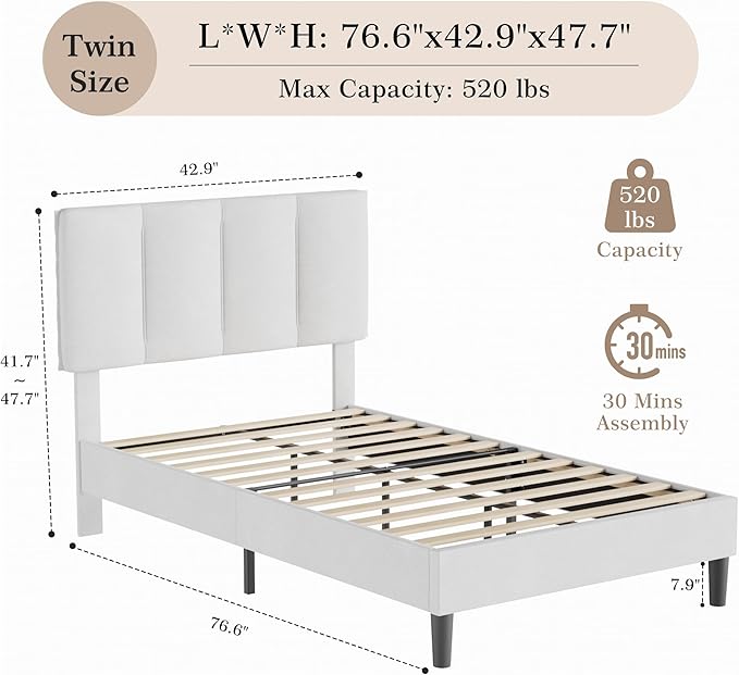 VECELO Twin Size Bed Frame with Upholstered Headboard, Heavy-Duty Bedframe with Wooden Slats & Steel Framework, Easy Assembly, Pure White