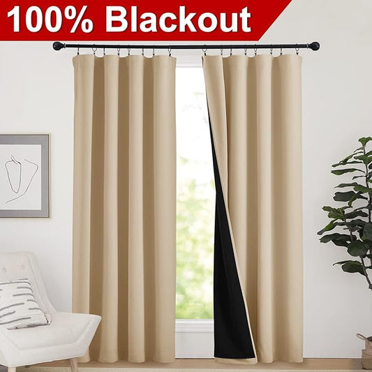 NICETOWN Living Room Completely Shaded Draperies, Privacy Protection & Noise Reducing Drapes, Black Lined Rod Pocket Window Treatment Curtain Panels(Biscotti Beige, 2 Pieces, W52 x L84)