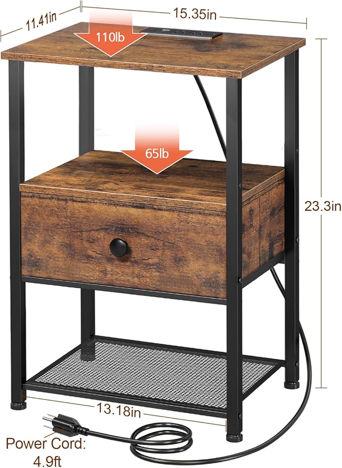 Night Stand Set 2, LED Nightstand with Charging Station, End Tables Living Room with Fabric Drawer for Small Spaces, Bed Side Tables with Storage Shelf for Bedroom, Rustic Brown, HETS01PQBR