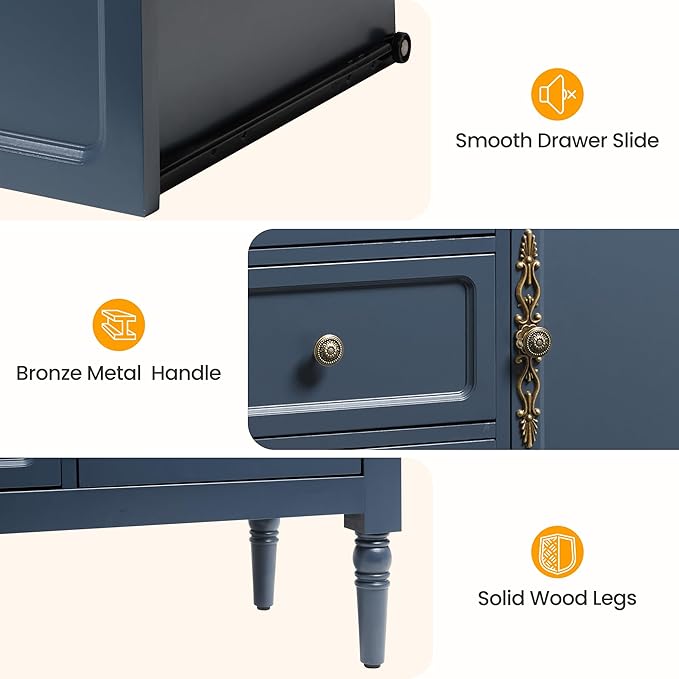 RoyalCraft Buffet Cabinet with 3 Drawers & 2 Doors, Vintage Sideboard with Storage, Mid Century Modern Painted Coffee Bar Table for Entryway, Living Room, Dining Room, Blue
