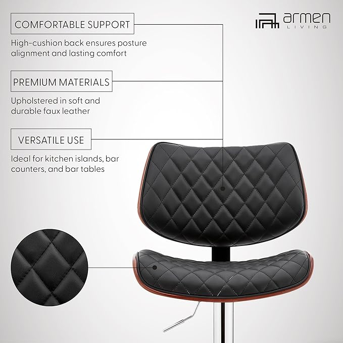 Armen Living Leland Adjustable Black Faux Leather and Chrome Finish Bar Stool