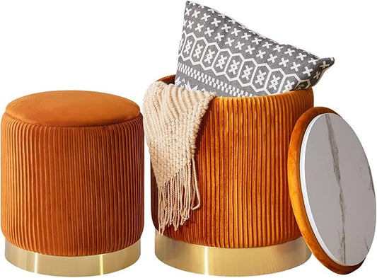 IBUYKE Round Storage Ottoman Set of 2 Ottoman for Dorm Vanity Stool with Storage Velvet FootStools End Table Boucle Ottoman for Home Organization Orange UWBD016J